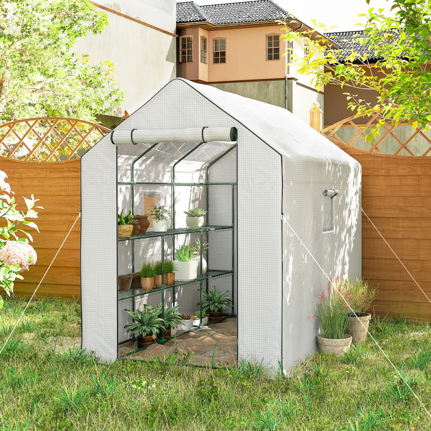 Outsunny Walk-in Greenhouse with 3 Tier 12 Shelves, Small Greenhouse with Reinforced PE Cover, Garden Plant Growhouse with Roll-up Door and Three Mesh Windows, 140 x 213 x 190 cm, White