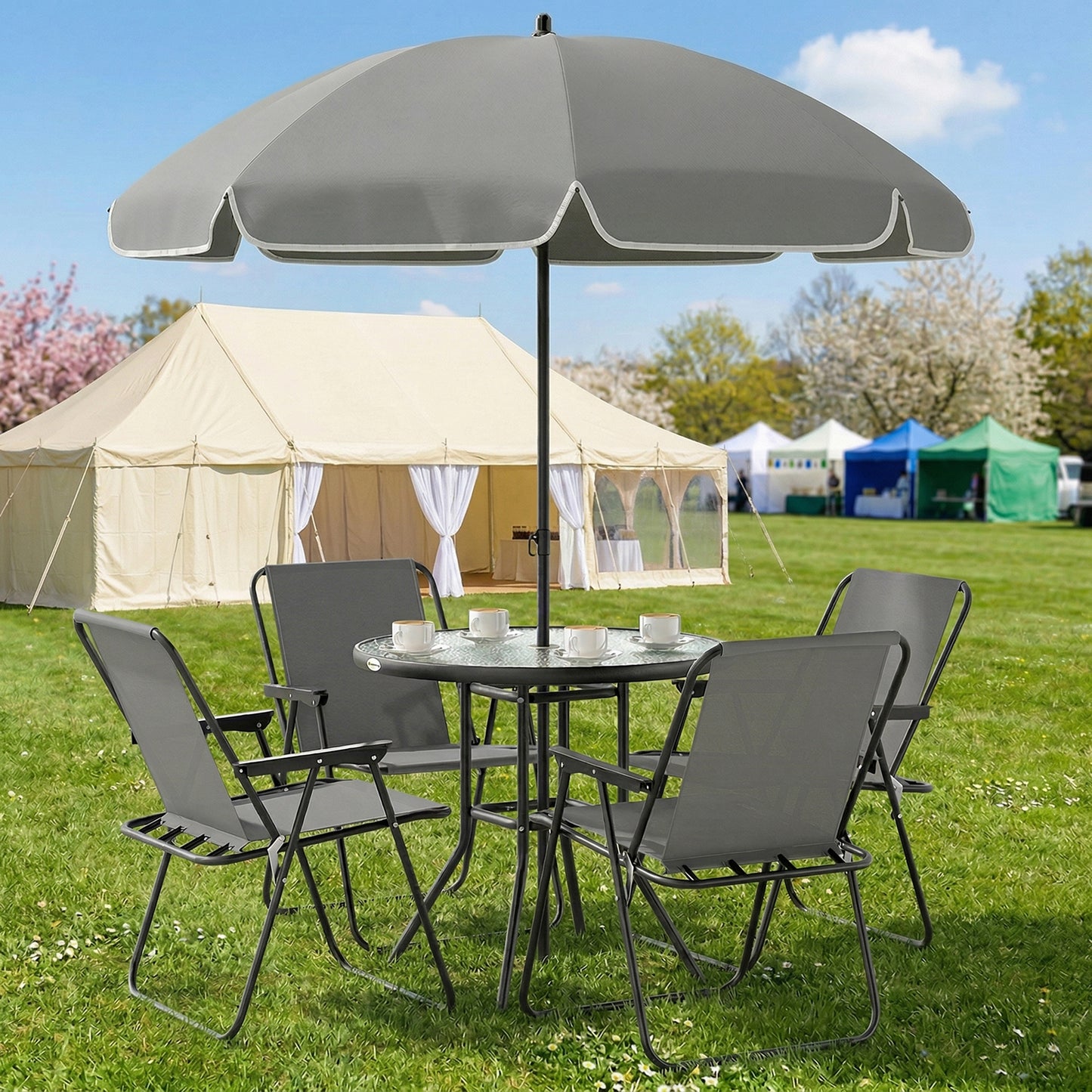 Outsunny 4 Seater Garden Furniture Set, 6 Pieces Garden Table and Chairs with Parasol, Outdoor Garden Dining Set with Folding Chairs and Round Glass Top Table for Patio, Grey