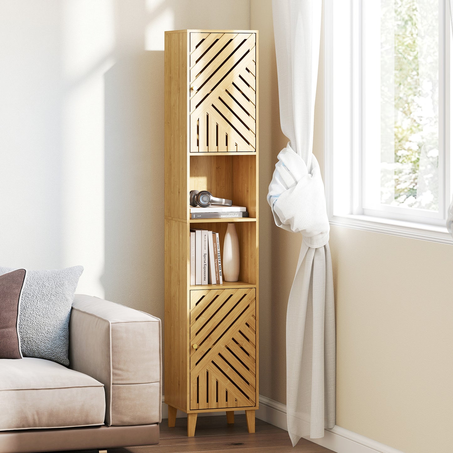 HOMCOM Multi-Storage Bamboo Door Bathroom Cabinet - Natural Finish