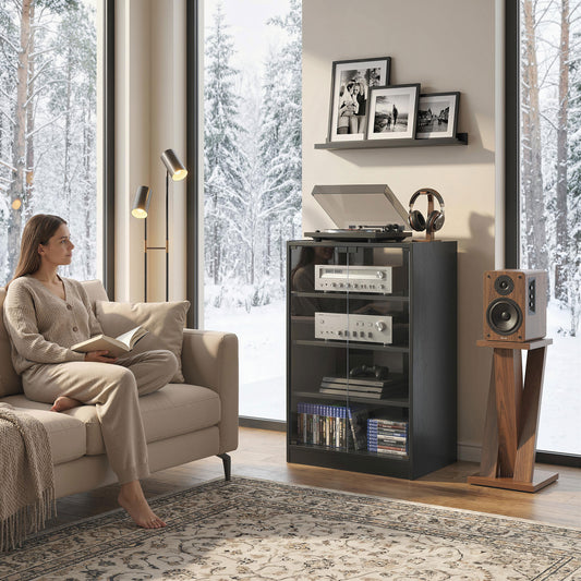 HOMCOM 4-Tier Hi-Fi Stand, Record Player Stand with Adjustable Shelves and Push-to-Open Glass Doors, Black Wood-Effect