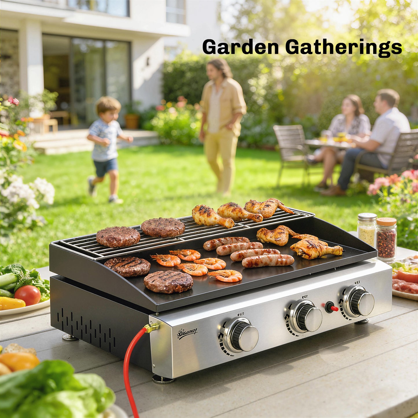 Outsunny 3 Burner Grill Griddle, Portable Gas Plancha with Warming Rack, 7.5 kW, Tabletop Gas BBQ with Grease Cup, Black