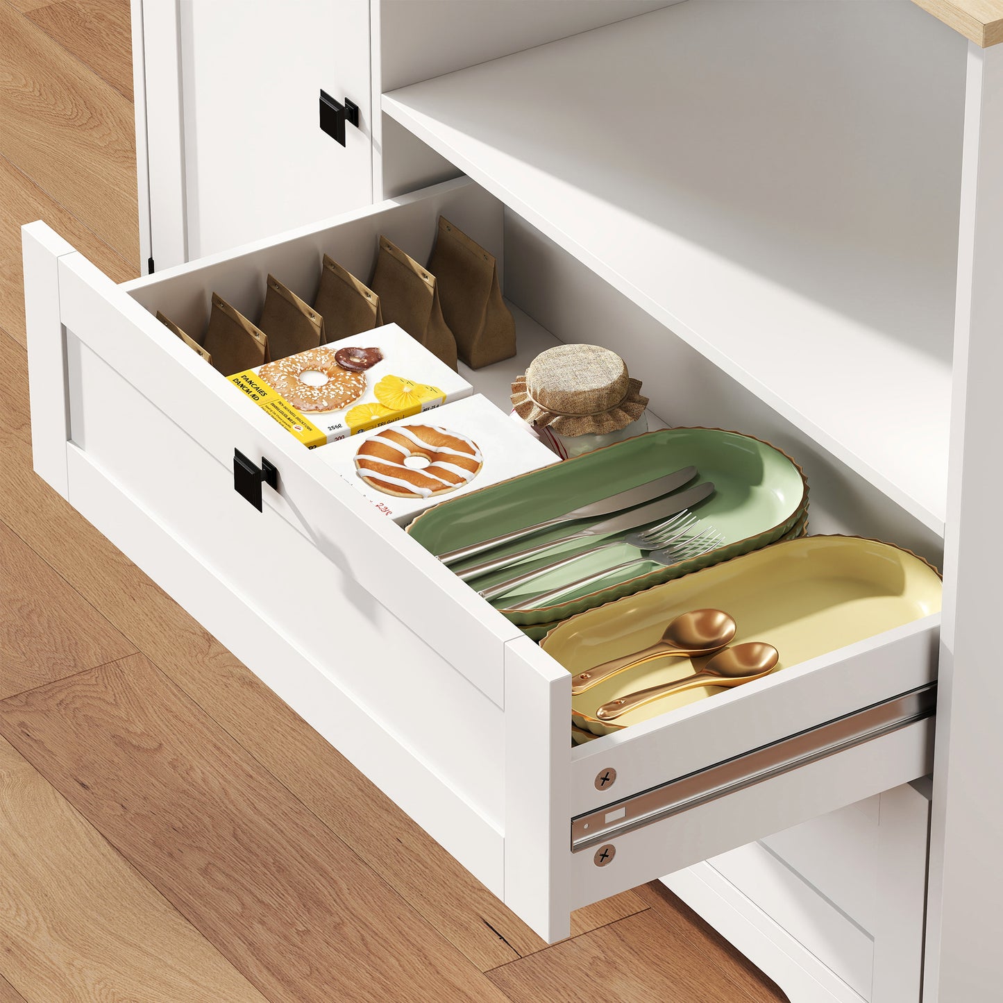 HOMCOM Kitchen Cupboard, Freestanding Kitchen Cabinet with 2 Cabinets, 2 Drawers, Open and Adjustable Shelves, White
