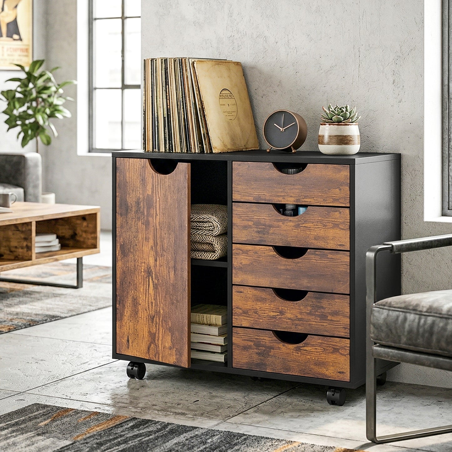 HOMCOM Multi-Storage Mobile Office Storage Cabinet - Rustic Brown