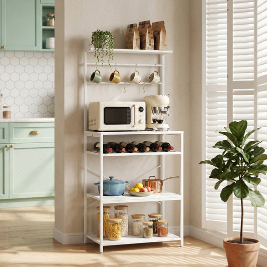 HOMCOM Freestanding Shelving Unit, Industrial Storage Shelf with 6 Hooks and Wine Rack for Living Room, Home Office, White