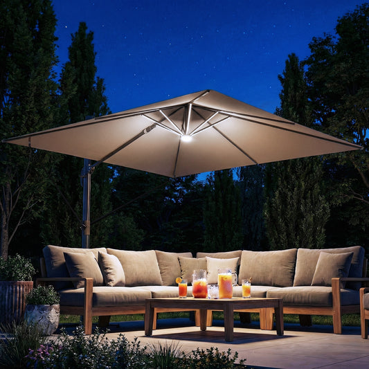 Outsunny 3 x 3 m Garden Cantilever Parasol with Light, Umbrella with Wind Protection, 360° Rotation, Khaki-Cantilever Umbrellas-ChewyGames-ChewyGames