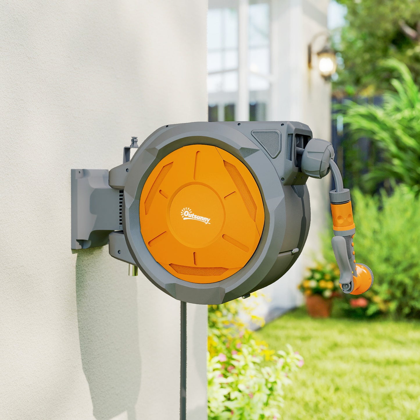 Outsunny Retractable Hose Reel Wall Mounted, 30+2m Garden Hose Pipe Reel with Lock, Auto Rewind, 7 in 1 Spray Nozzle, Includes Wall Fixings, 180° Swivel, Outdoor Watering, 59 x 23 x 42 cm, Orange