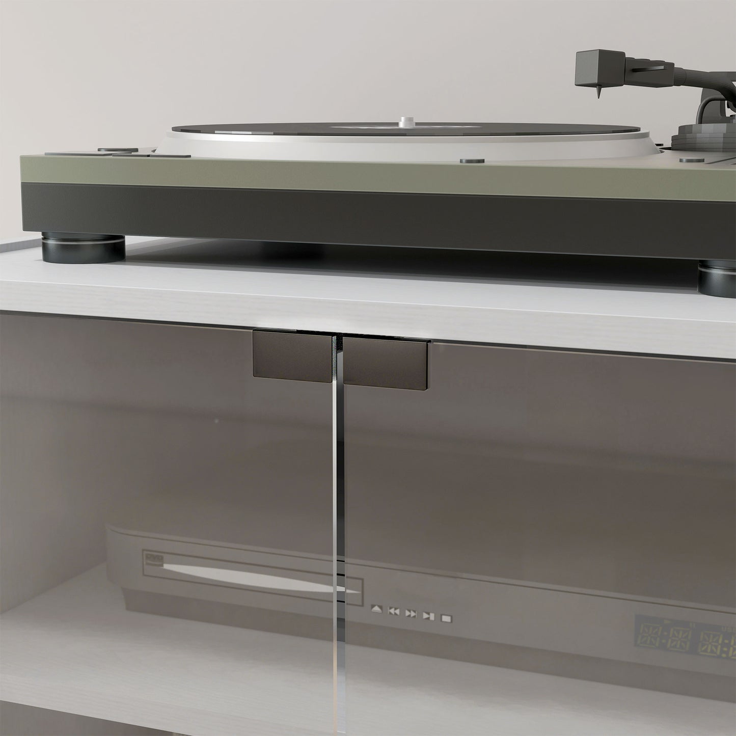 HOMCOM 4-Tier Hi-Fi Stand, Record Player Stand with Adjustable Shelves and Push-to-Open Glass Doors, White Wood-Effect