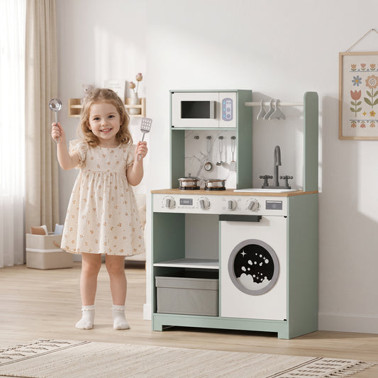 AIYAPLAY Kids Play Kitchen, Pretend Play Toy Kitchen Playset with Stove, Sink, Microwave, 5Pcs Accessories for 3-6 Years, Green