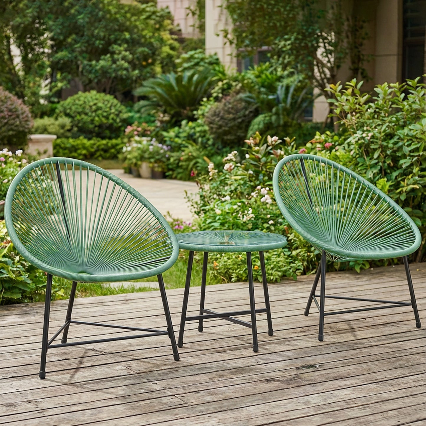 Outsunny Rattan Bistro Set with Acapulco Chairs and Glass Table, Green