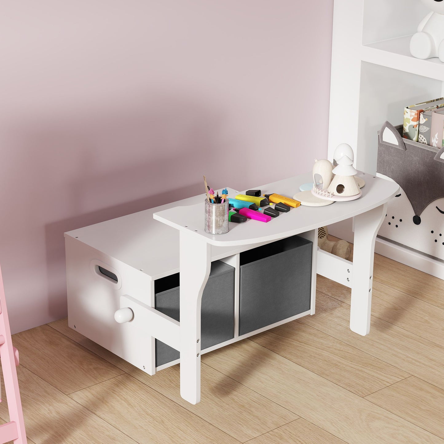 AIYAPLAY 3 in 1 Kids Storage Bench, Convertible Children Table and Chair Set with 2 Fabric Bins, Toy Storage Box, White