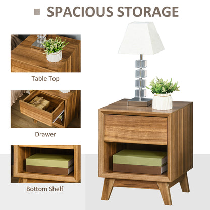 HOMCOM Modern Bedside Table Nightstand, Living Room End Table, Side Table with Drawer and Shelf, Walnut Brown