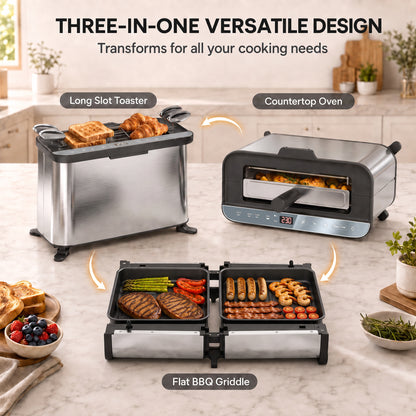 HOMCOM 3-in-1 Electric Mini Oven, Long Slot Toaster and Tabletop Grill, with LED Display, 60 Min Timer, Stainless Steel, 1700W