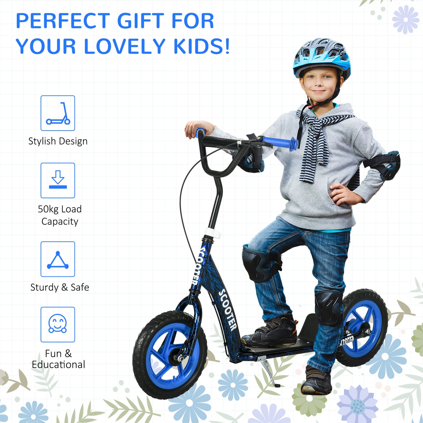AIYAPLAY Kids Scooter with Adjustable Handlebar, Children's Kick Scooter with Non-slip Footplate, Rear Brake, Kickstand, Blue--ChewyGames-ChewyGames