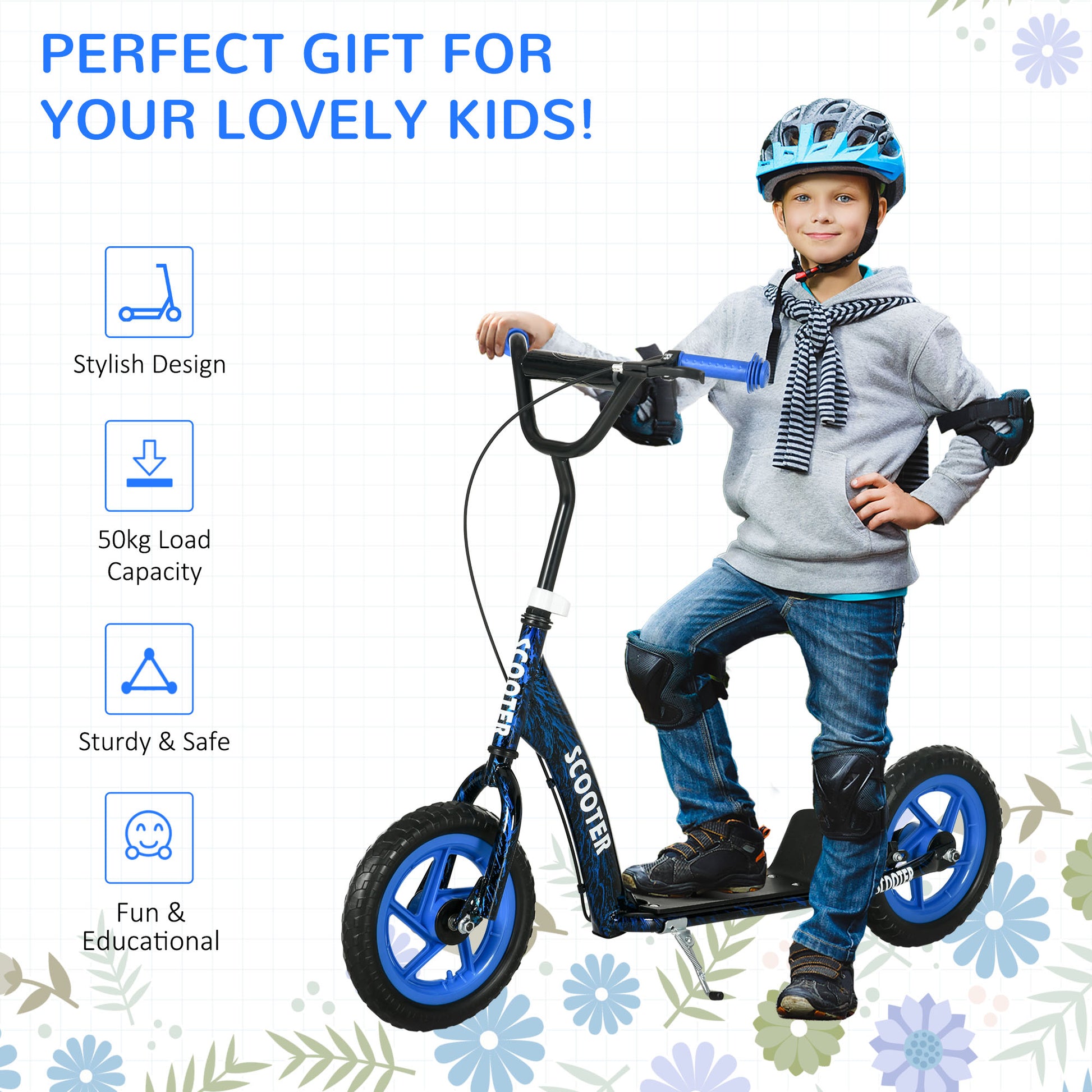 AIYAPLAY Kids Scooter with Adjustable Handlebar, Children's Kick Scooter with Non-slip Footplate, Rear Brake, Kickstand, Blue--ChewyGames-ChewyGames