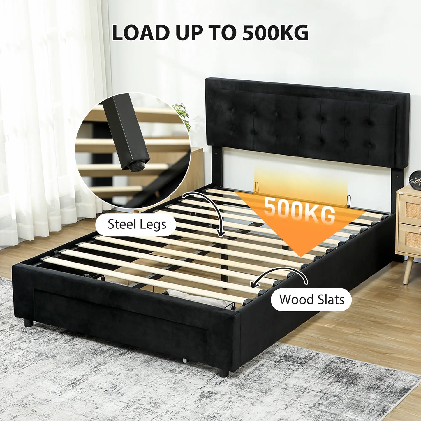 HOMCOM King Size Ottoman Bed Frame, with Front Drawer Black