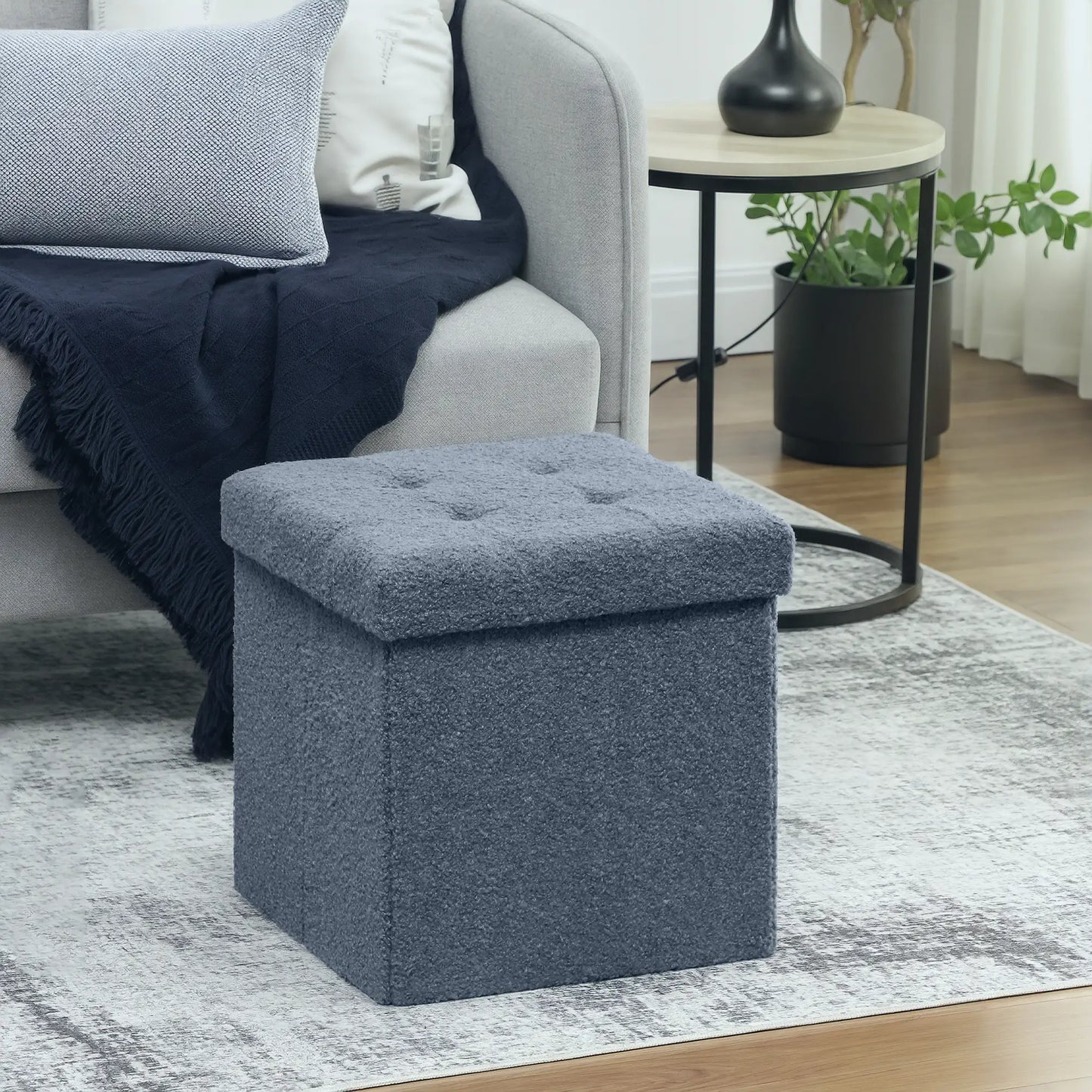 HOMCOM Foldable Sherpa Fleece Storage Ottoman, 38 x 38 x 38 cm, Blue