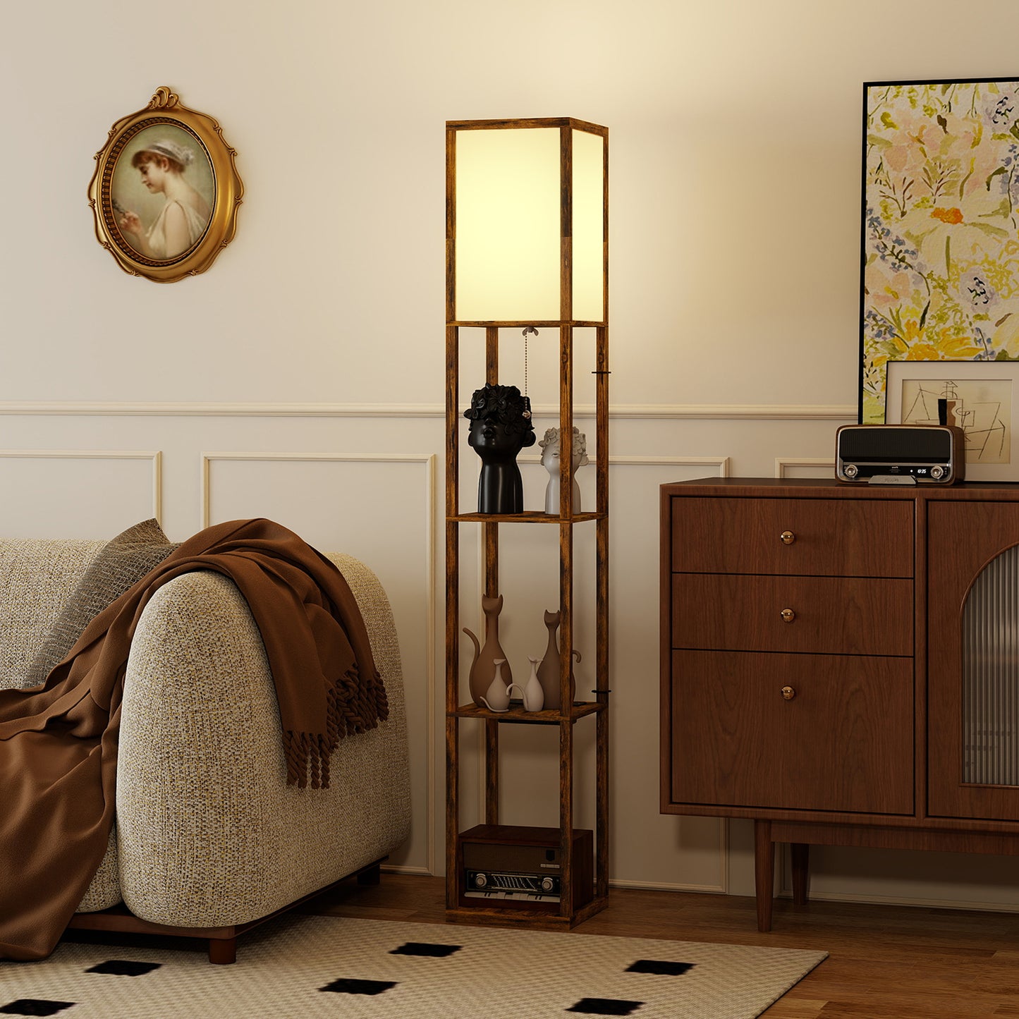 HOMCOM Floor Lamp with Shelves, 4 Layer Standing Lamp with USB Ports, 3 Colour Temperature, Rustic Brown