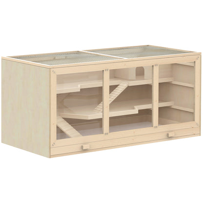 PawHut Wooden Hamster Cage, Small Animals Hutch with Tray, Openable Top, Exercise Play House Pen, 115L x 57W x 55Hcm, Natural