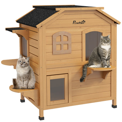 PawHut 2-story Cat House Outdoor, Weatherproof Wooden Cat Enclosure with Openable Roof, Jumping Platforms, Natural Wood Finish