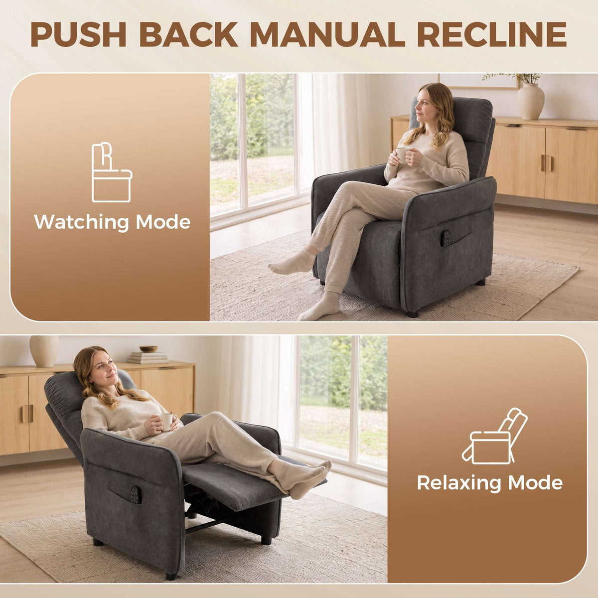 HOMCOM Recliner Armchair, Push Back Recliner Chair with Massage & Heat, Adjustable Armrests, Dual Side Pockets, Dark Grey