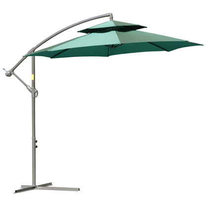 Outsunny 2.7m Banana Parasol Cantilever Umbrella with Crank Handle, Double Tier Canopy and Cross Base for Outdoor, Hanging Sun Shade, Green