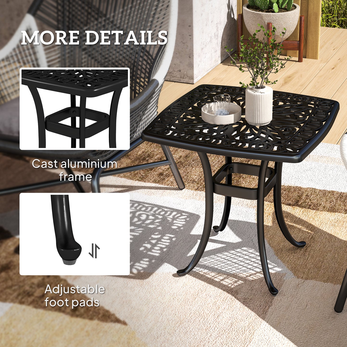 Outsunny Outdoor Garden Table, Cast Aluminium Patio End Table with Umbrella Hole and Anti-slip Foot Pads for Garden, Patio, Balcony, 54 x 54 cm, Black