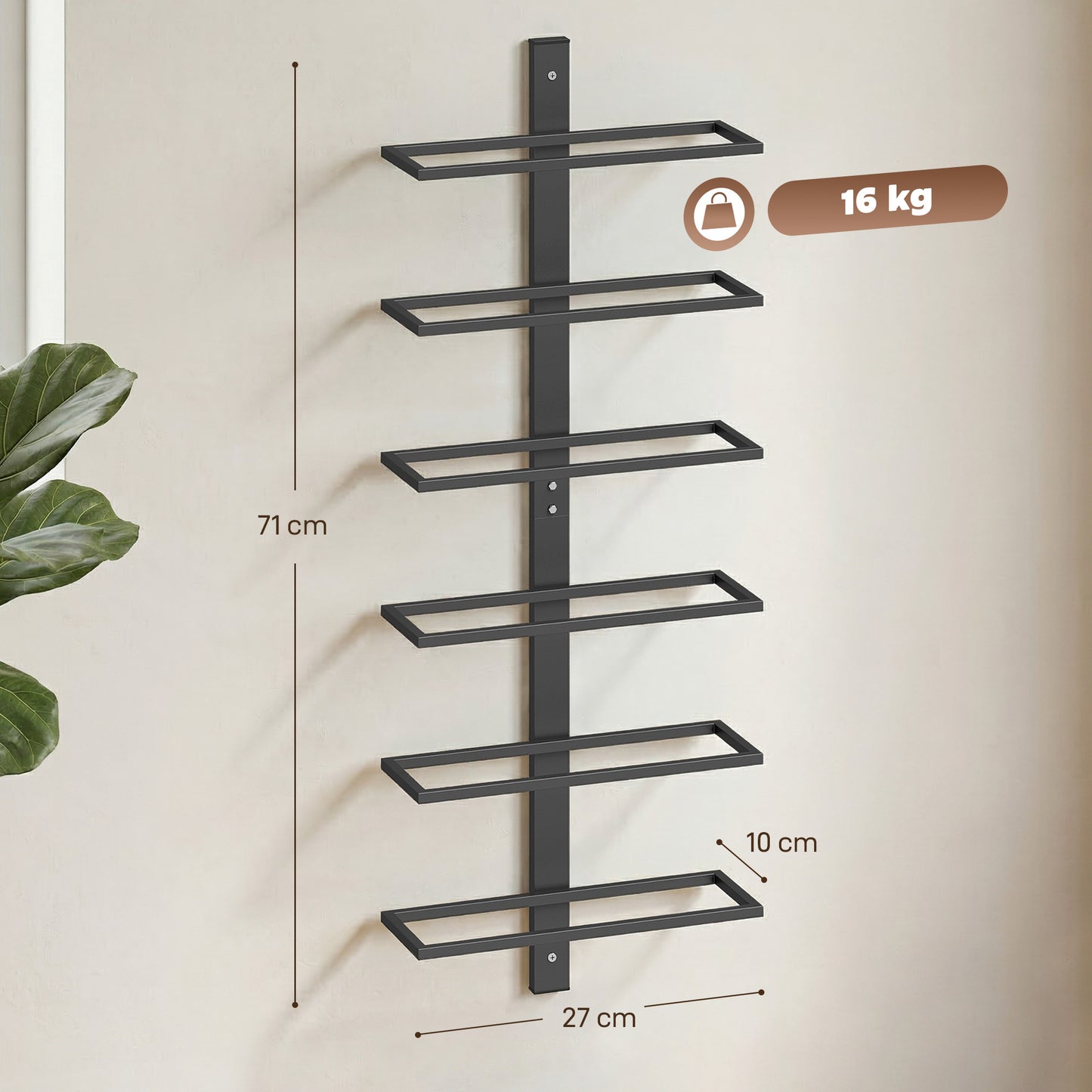 HOMCOM Wall Mounted Wine Rack, 6 Tier Metal Wine Display Rack, Storage Holder for Kitchen, Black