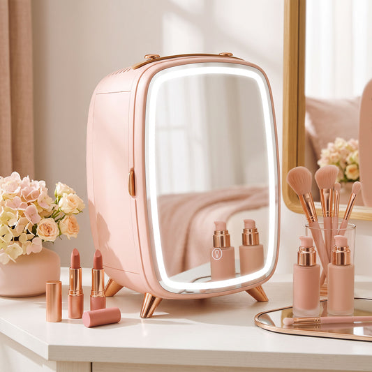 HOMCOM Skincare Refrigerator, 6L Mini Cosmetic Fridge with LED Mirror, Cooling Function for Bedroom, Skincare, Office, Pink