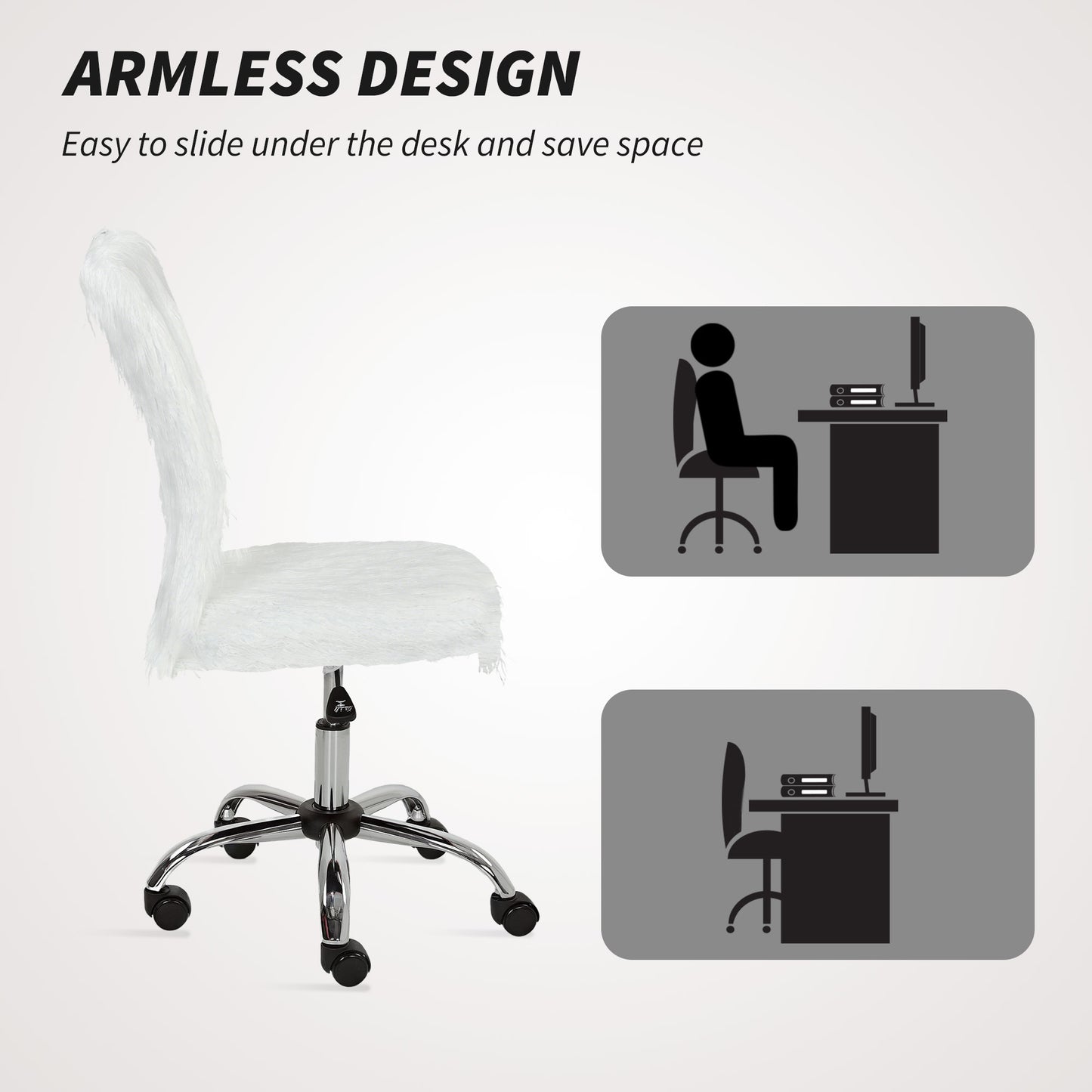 HOMCOM Plush Office Desk Chair, Modern Armless Swivel Vanity Chair with Adjustable Height for Home Office, Bedroom, Living Room, White