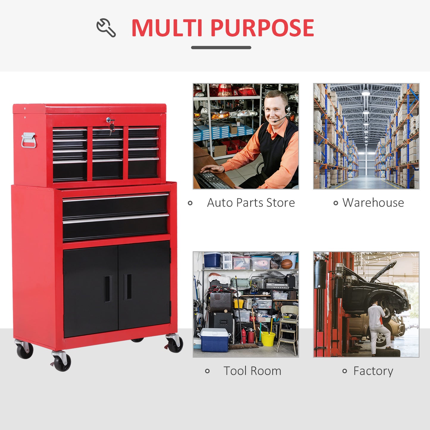 HOMCOM Tool Chest, Metal Tool Cabinet on Wheels with 6 Drawers, Pegboard, Top Chest and Roller Cabinet Combo, 61.6 x 33 x 108cm, Red and Black
