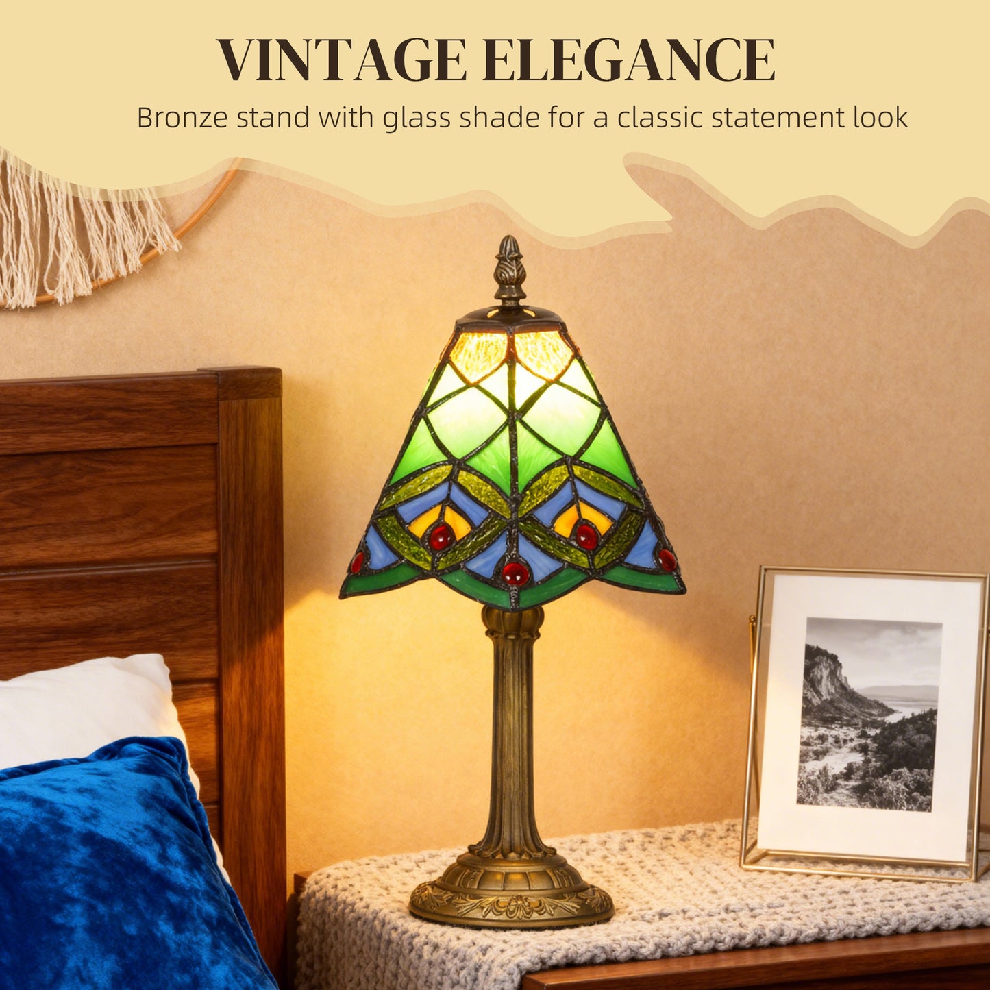 HOMCOM Tiffany-Style Table Lamp with Geometric Patterns, Handcrafted Antique Stained Glass Bedside Lamp for Living Room and Bedroom, E27 Socket, Green