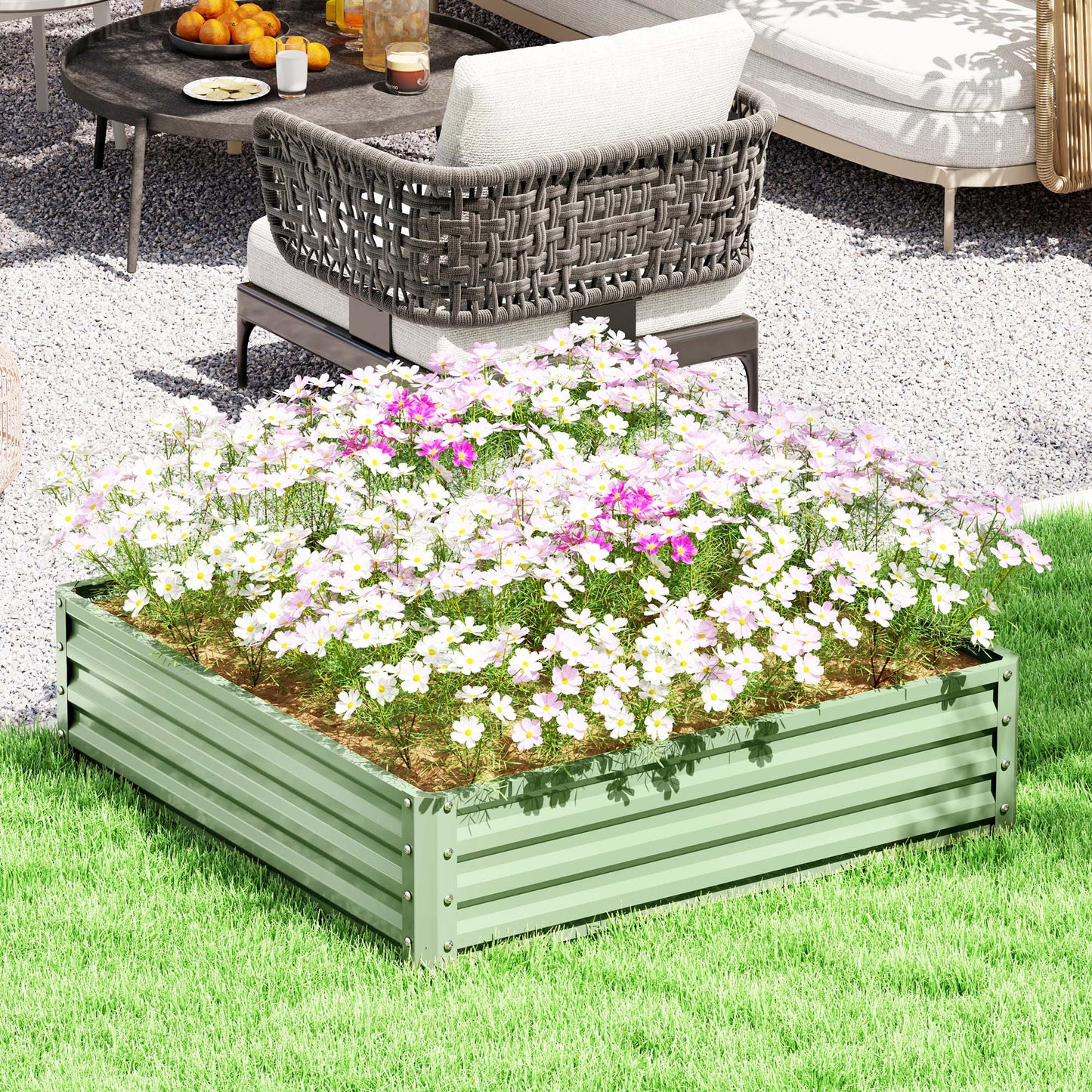 Outsunny Square Raised Garden Bed Box with Weatherized Steel Frame for Vegetables, Flowers, & Herbs, 120 x 120 x 30cm, Light Green