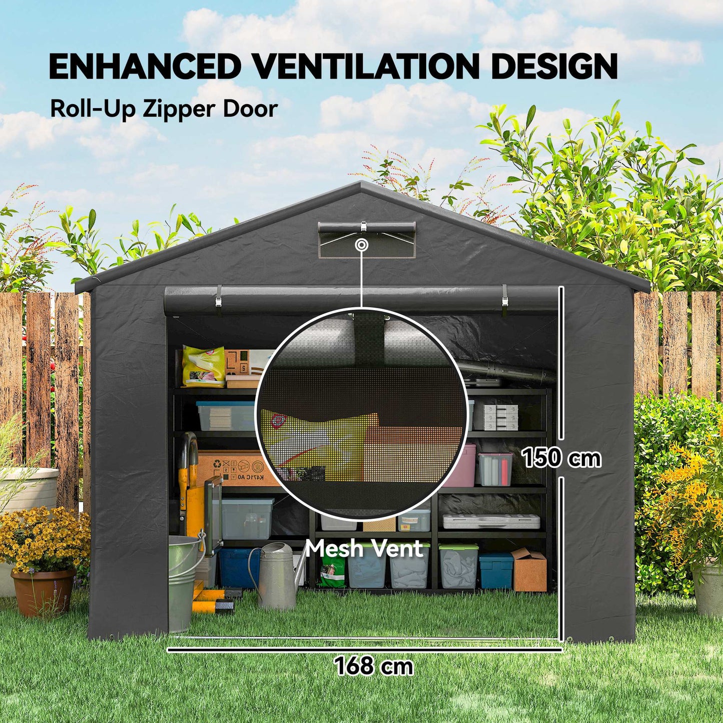 Outsunny 8 x 6 ft Outdoor Garden Storage Shed, Waterproof Bike Tent with Roll-Up Zipper Door