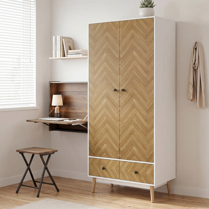 HOMCOM Cabinet Wood-Effect Sticker Surface, Modern Wardrobe with 2 Hanging Rods, 2 Storage Shelves and 2 Drawers, White