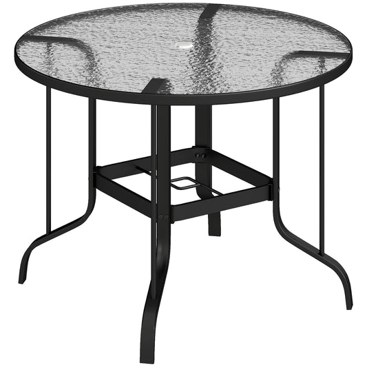 Outsunny Tempered Glass Top Round Outdoor Dining Table with Parasol Hole, 96.5 x 96.5 x 71 cm