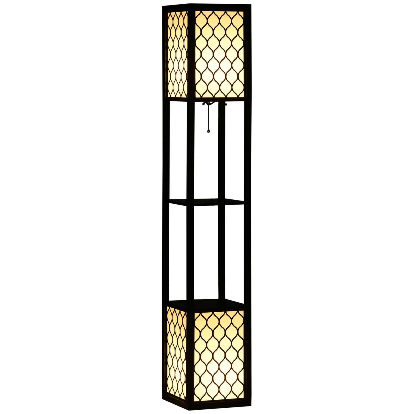 HOMCOM Floor Lamp with Shelves, Modern Tall Standing Lamps with Fabric Lampshade, Chain Switch and Dual Light for Living Room, Bedroom, Bulb not Included, Black
