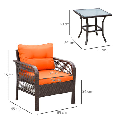 Outsunny 3 Pieces Rattan Bistro Set with Glass Top Coffee Table, Chairs and Cushions for Outdoor, Patio, Balcony, Orange--ChewyGames-ChewyGames