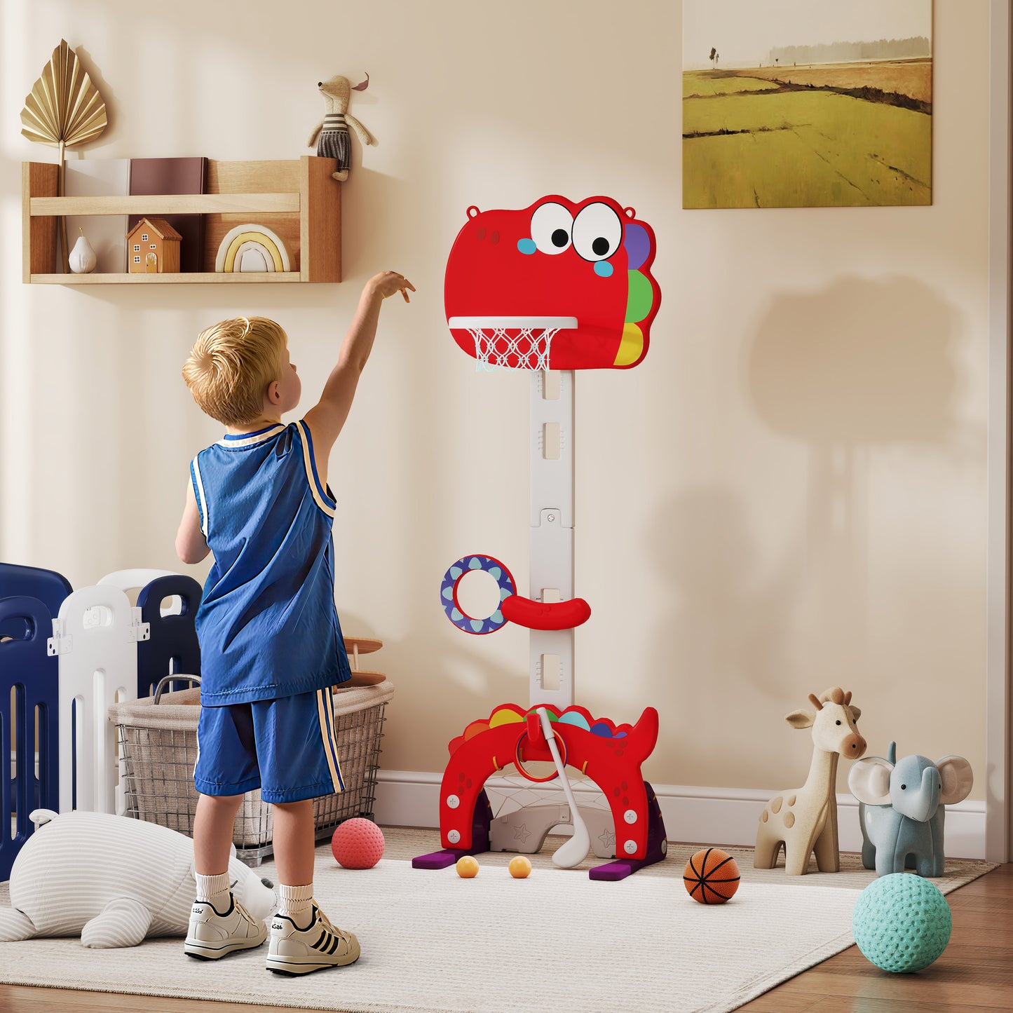 AIYAPLAY 5-in-1 Dinosaur Basketball Set with Adjustable Basketball Stand and Golf Game, Indoor for Boys Girls, Red