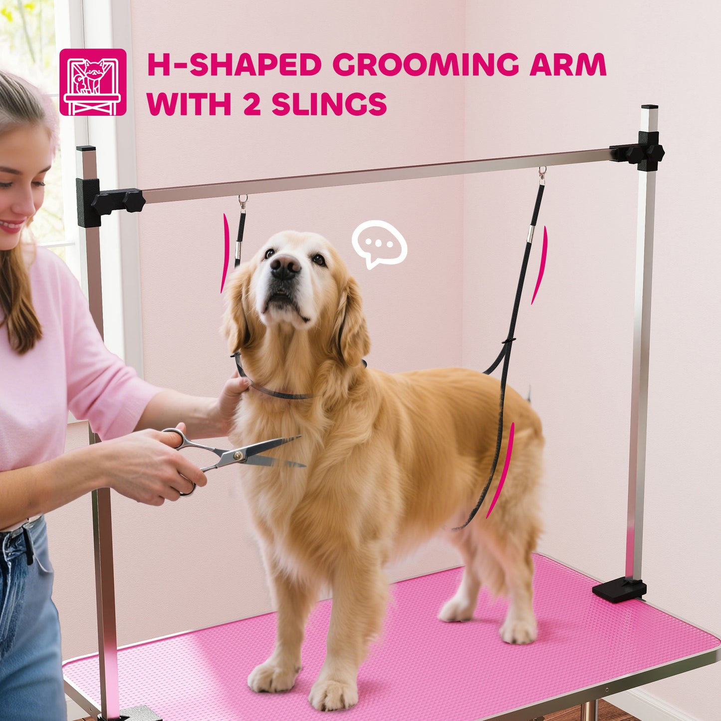 PawHut 42" Dog Grooming Table, Adjustable Pet Cat Drying Beauty Table with 2 Loops Storage Basket, Rubber Top, Pink