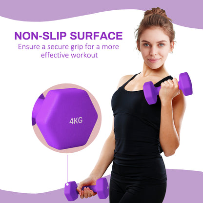 SPORTNOW 2 x 4kg Hexagonal Dumbbells Weights Set with Non-Slip Grip for Home Gym Workout, Purple