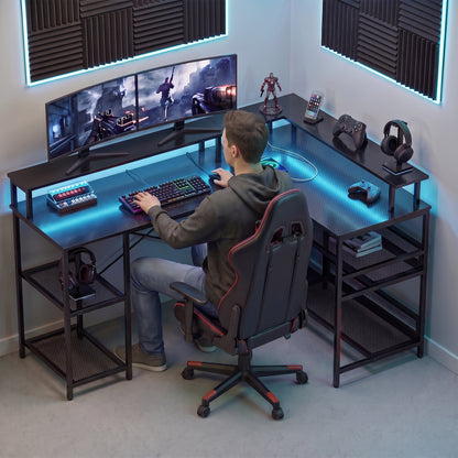 HOMCOM L Shaped Gaming Desk with LED Lights and Power Outlets, 150cm Corner Computer Desk for Small Space, Black