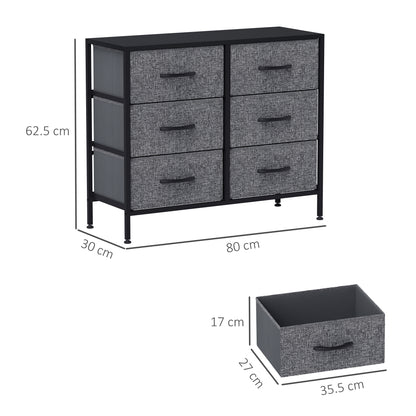 HOMCOM Fabric Chest of Drawers, Industrial Bedroom Dresser with 6 Fabric Drawers, Steel Frame and Wooden Top for Nursery, Living Room, Hallway, Black