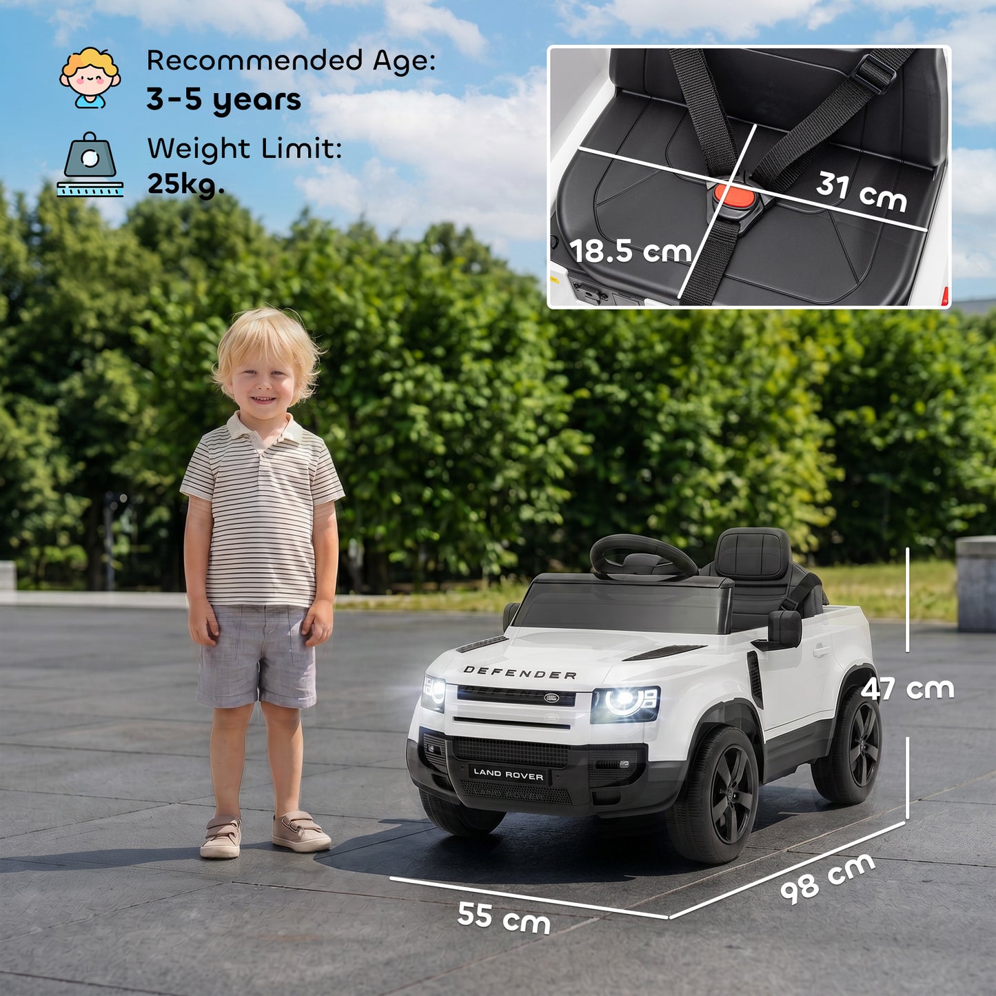 AIYAPLAY Land Rover Licensed 12V Kids Ride on Car with Remote, Suspension, Slow Start, 3 Speeds, Lights, Music, Horn, White
