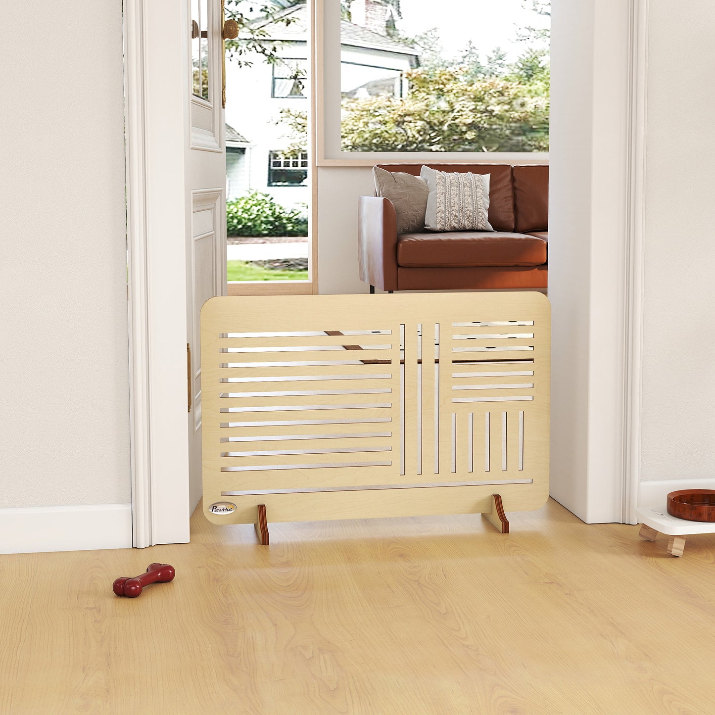 PawHut Freestanding Pet Gate, Portable Dog Barrier Gate with Feet for Small Breeds, 75 x 51 cm, Natural Wood