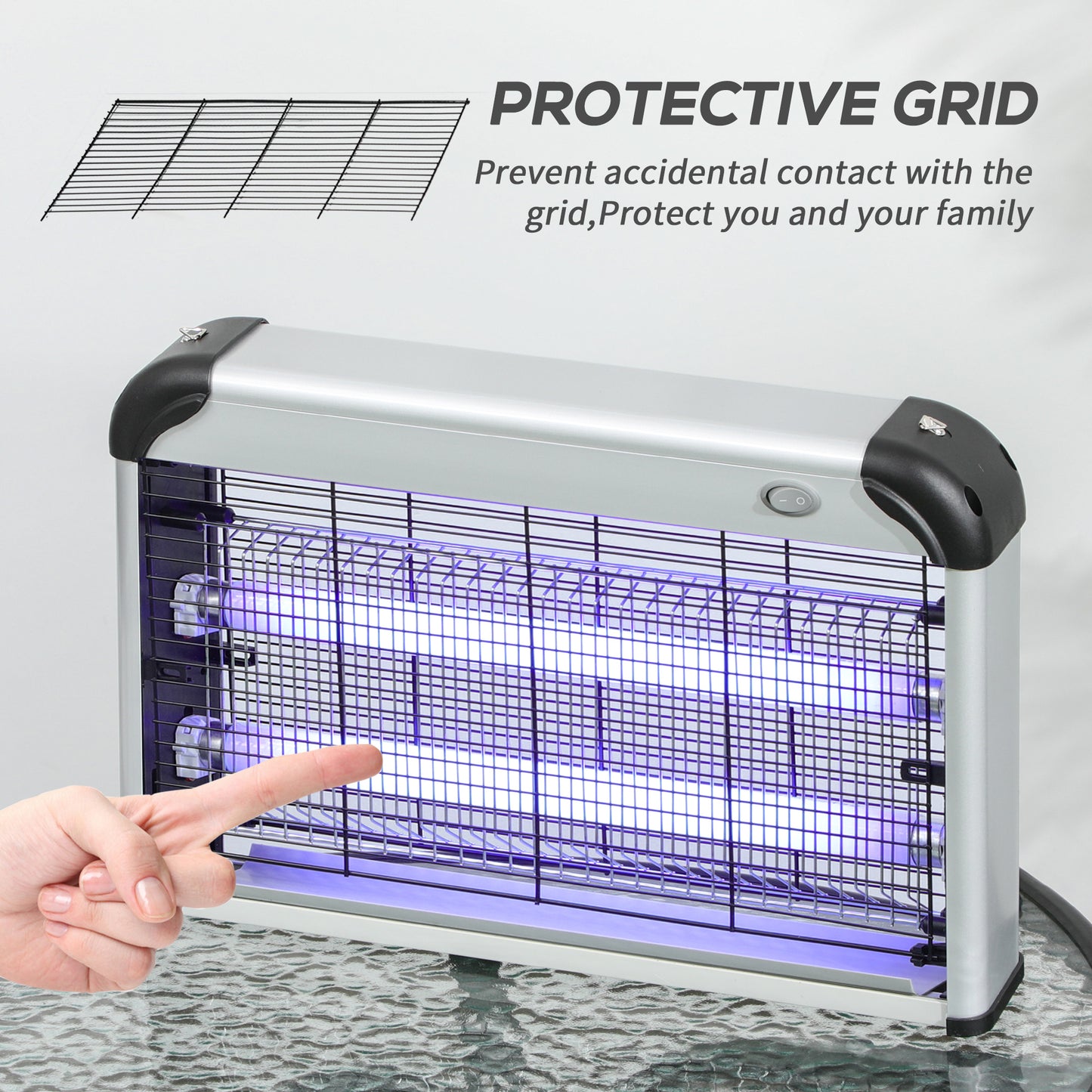 Outsunny 30W Electric Fly Zapper, Bug Zapper with UK Plug, 2 UV Bulbs, Hanging Chain, On/Off Switch and Removable Catch Tray, 60㎡ Coverage Insect Mosquito Killer for Indoor and Outdoor Use, Silver