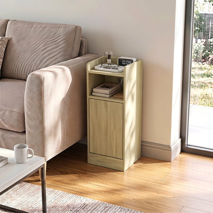 HOMCOM Slim Bedside Table Set of 2 with Charging Station, Narrow Bedside Cabinet with Adjustable Shelf, Oak
