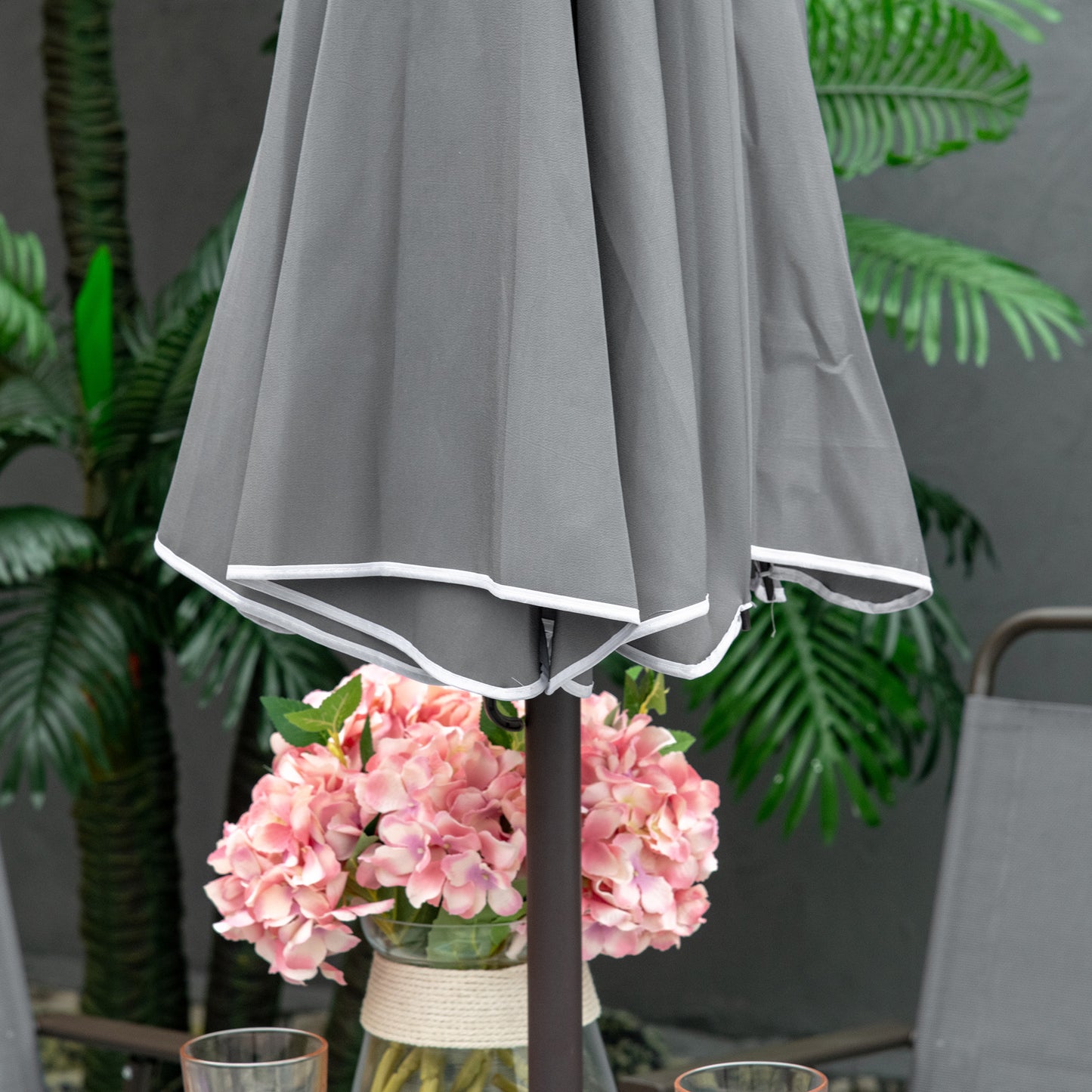 Outsunny 6 Piece Garden Dining Set with Umbrella, Outdoor Dining Sets with Parasol, 4 Folding Dining Chairs & Round Tempered Glass Table, Grey