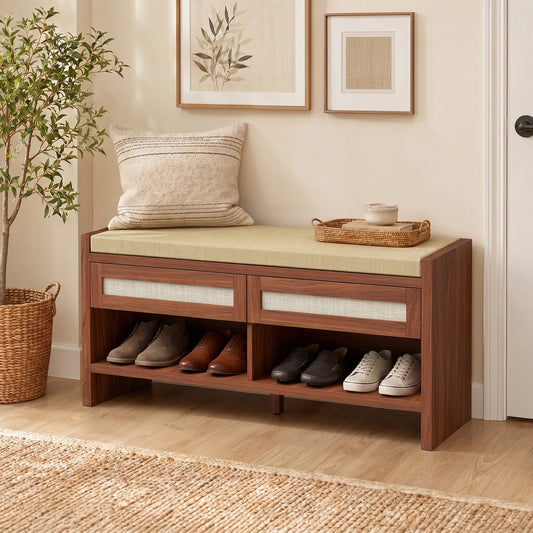 HOMCOM Boho Shoe Bench with 2 Rattan Drawers, Shoe Storage Bench with Cushioned Seat and Open Shelf Brown
