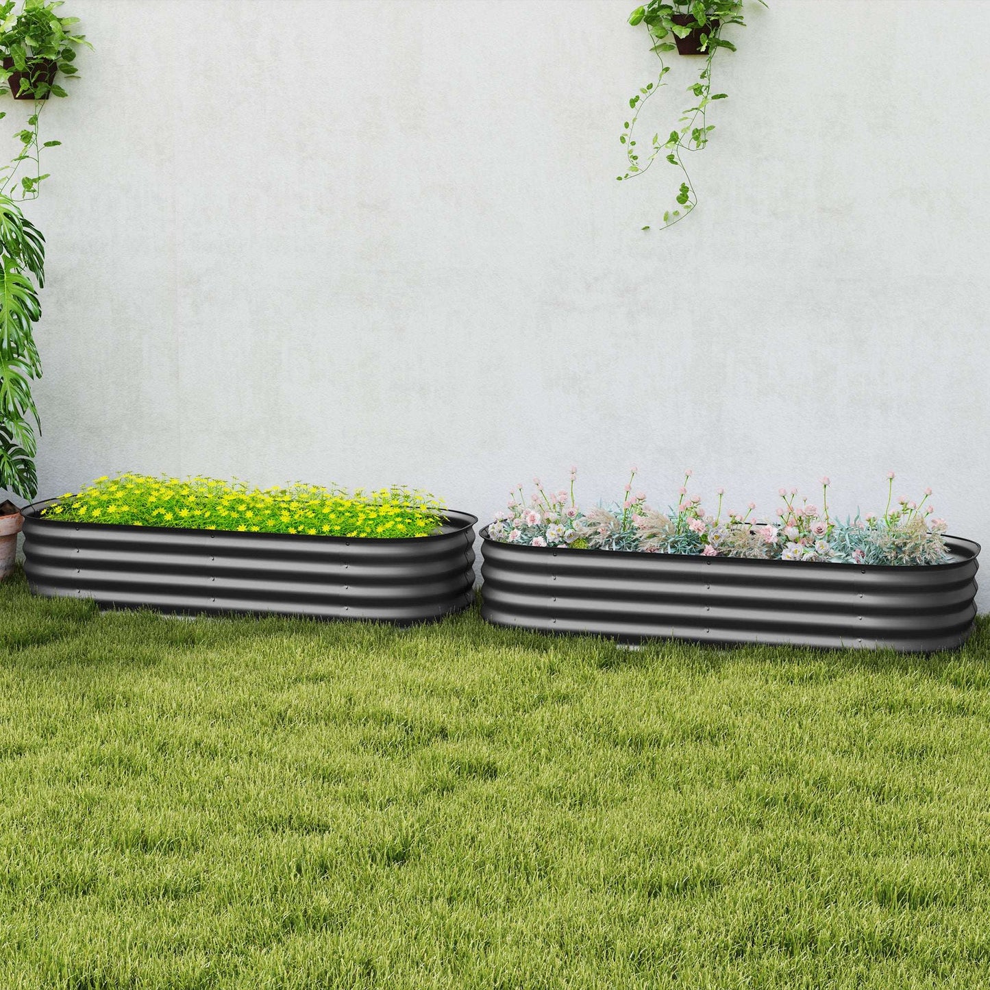 Outsunny Galvanised Raised Garden Bed, Metal Planter Box with Safety Edging, for Flowers, Herbs, Succulents, Pack of 2, Dark Grey