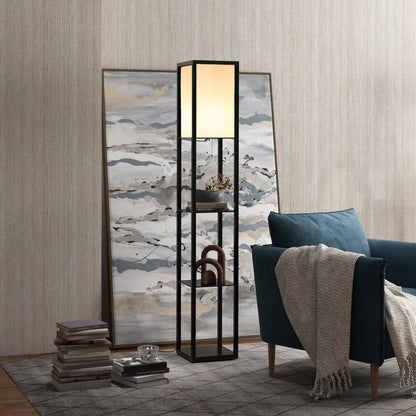 HOMCOM 3-Tier Floor Lamp with Shelves and Storage, Modern Standing Lamp with Lampshade, Reading Light with Chain Switch for Living Room, Bedroom, Home Office, Bulb not Included, Black